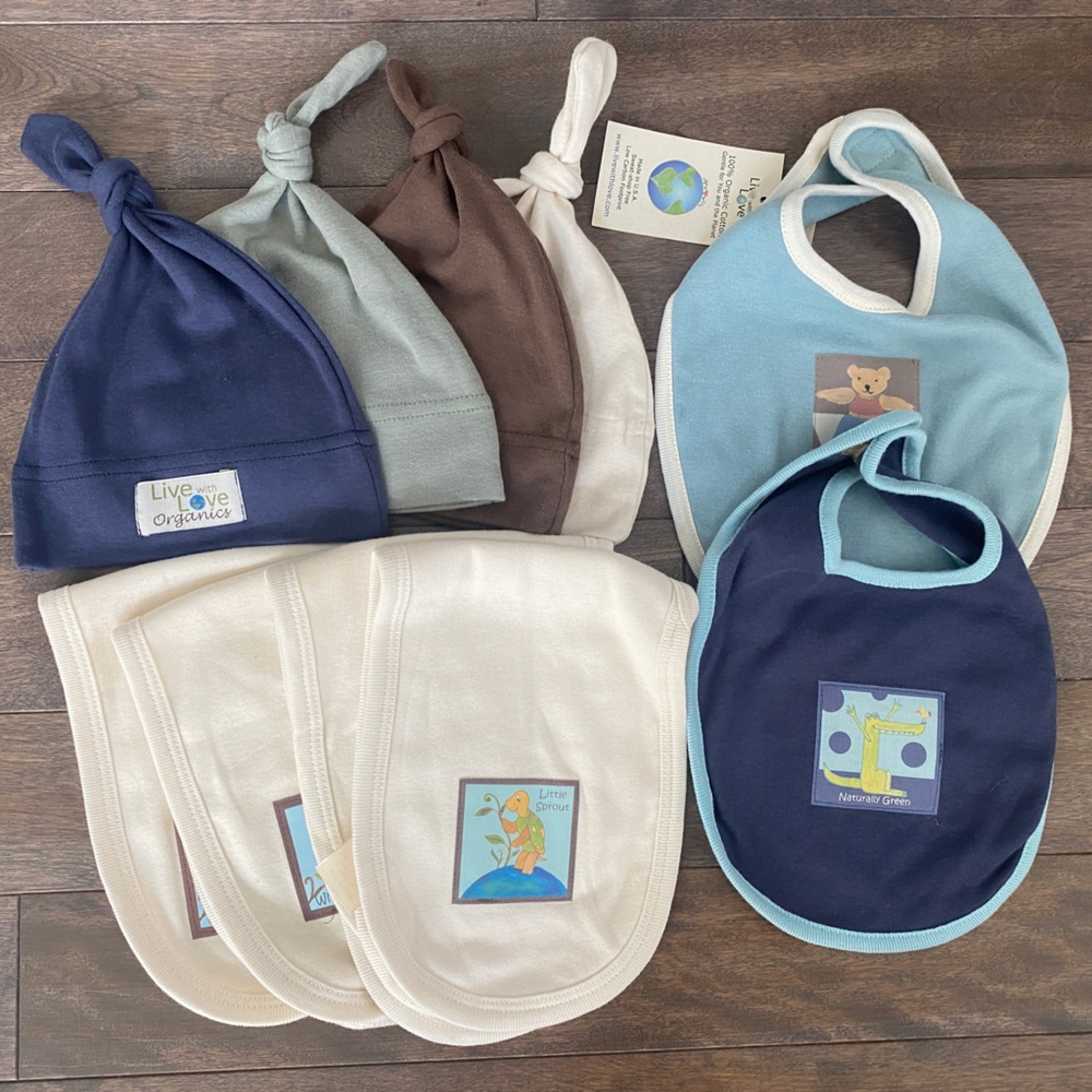LIVE WITH LOVE 100% organic cotton hat, bib, burp cloth bundle